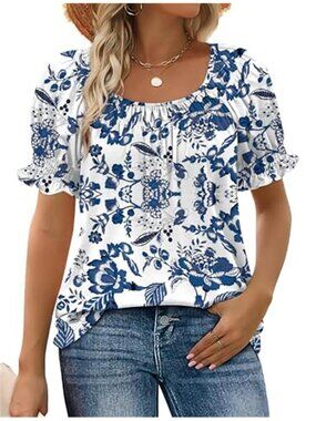 Blue & White Floral Square Neck Smocked Sleeve Casual Blouse Top
